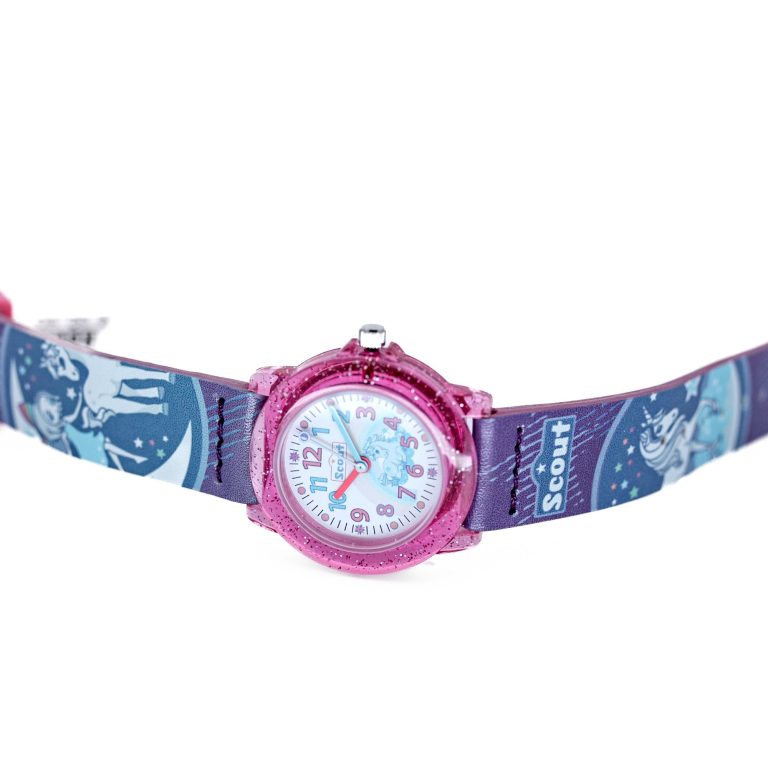 Rosafarbene Armbanduhr mit buntem, kinderfreundlichem Design und Illustrationen.