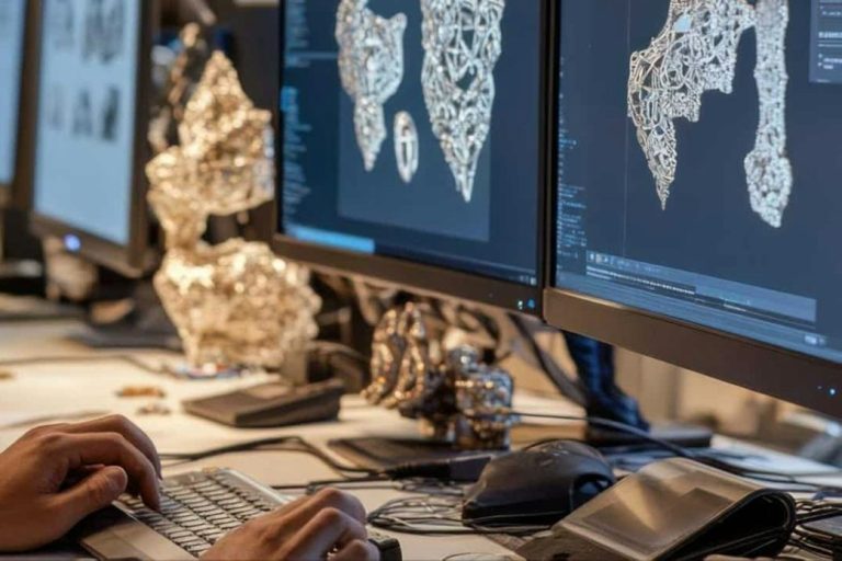 Hände, die an einem Computer arbeiten, um Design-Entwürfe auf Bildschirmen zu erstellen.