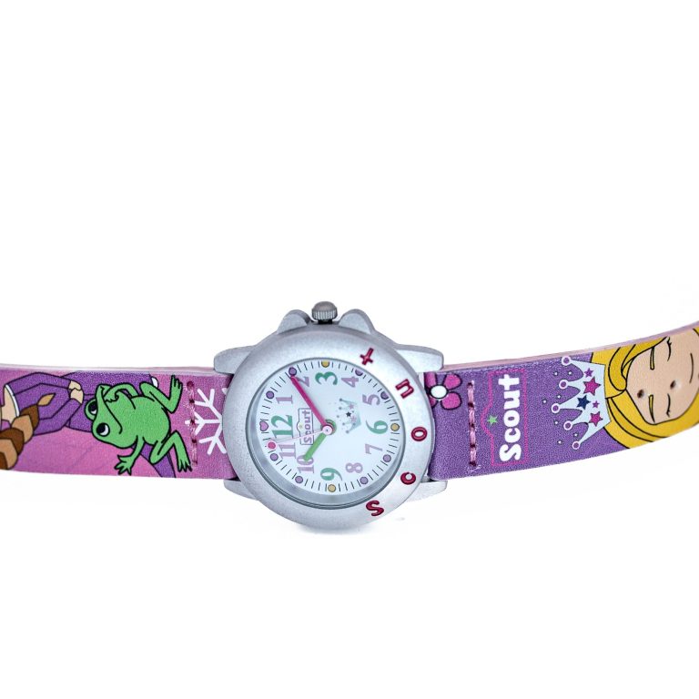 Bunt bedruckte Armbanduhr mit Figuren für Kinder, ziffernblatts mit bunten Ziffern.