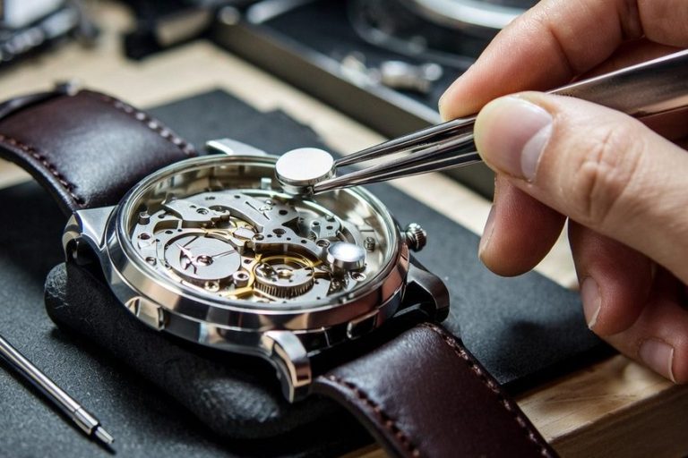 Hand arbeitet an der Mechanik einer Zerlegten Uhr mit Zange und Uhrmacherwerkzeug.