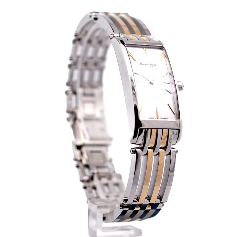 Elegante Armbanduhr mit silbernem und goldenem Armband, rechteckigem Ziffernblatt.